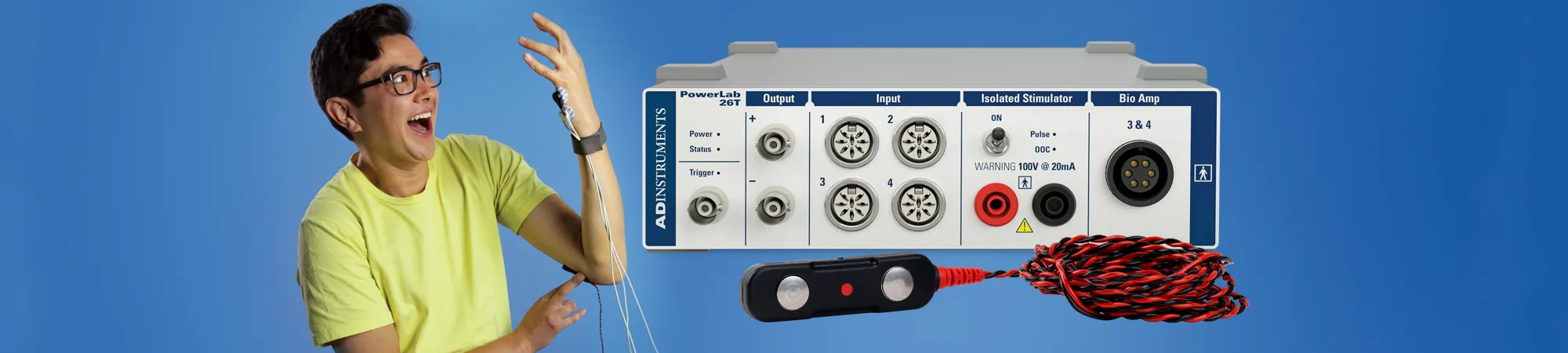 AN image showing a man conducting the muscle twitch experiment. There is also a photo of the PowerLab 26T.